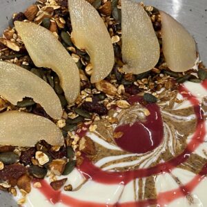 Yoghurt Bowl with Homemade Granola and Poached Pear